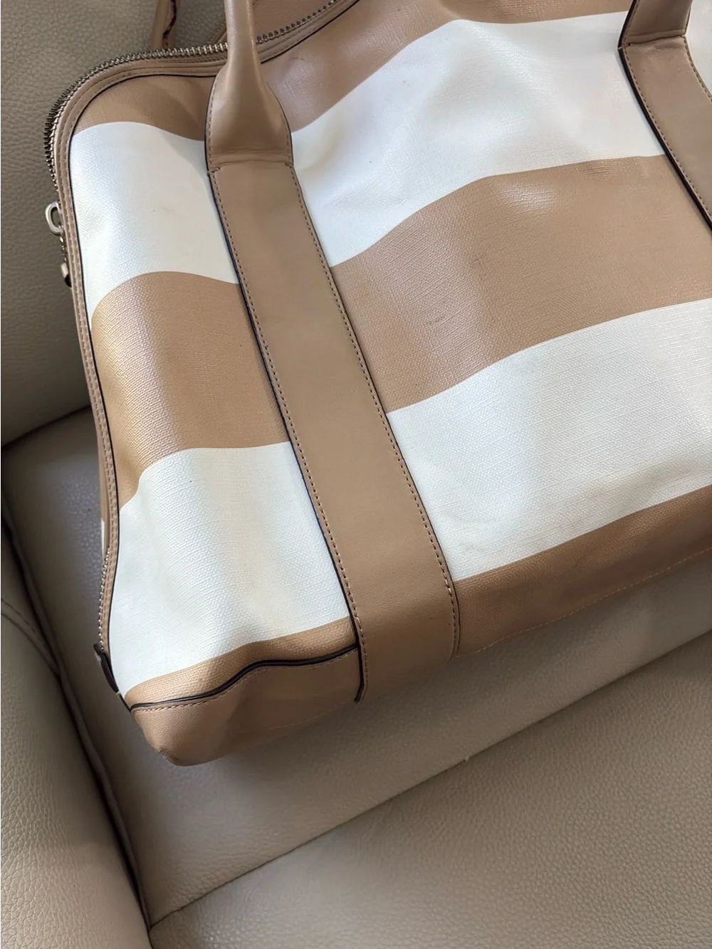 Coach Tan and White Striped bag with Wristlet